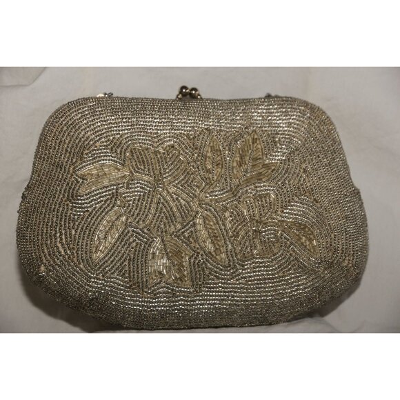 Vtg 1960's Silver Beaded Evening Bag Floral Pattern Handmade Serpentine Handle - Picture 2 of 9